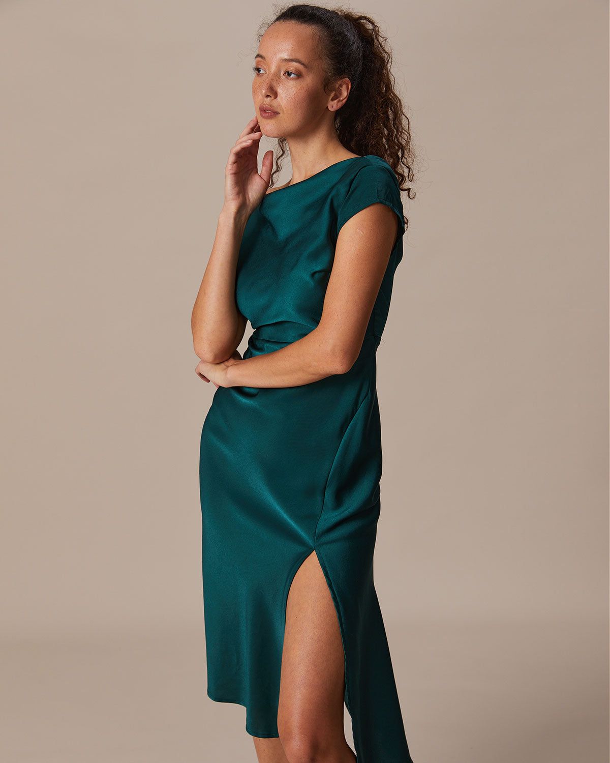 The Green Cowl Neck Cap Sleeve Satin Midi Dress sold by rihoas product image thumbnail 3