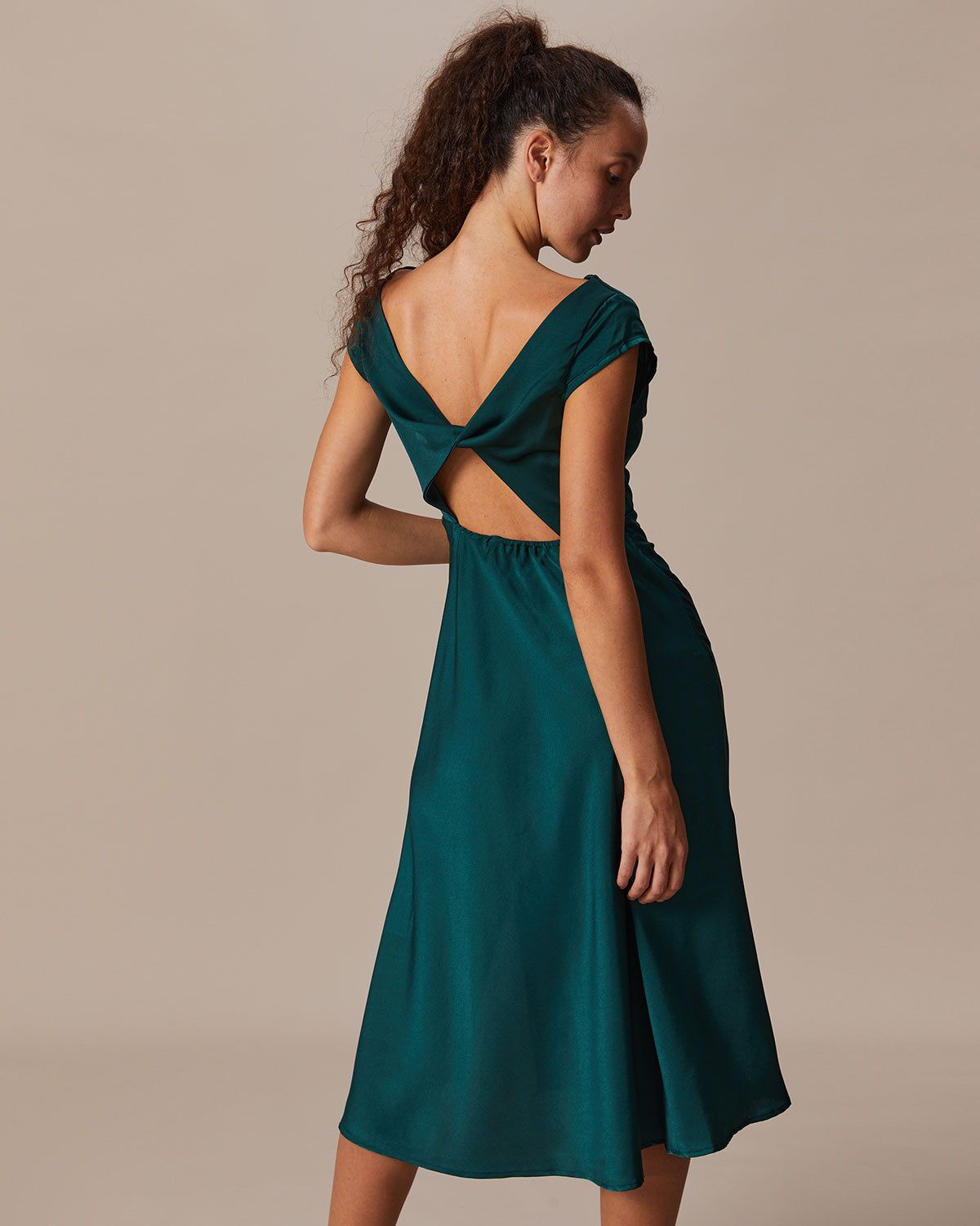 The Green Cowl Neck Cap Sleeve Satin Midi Dress sold by rihoas product image thumbnail 5