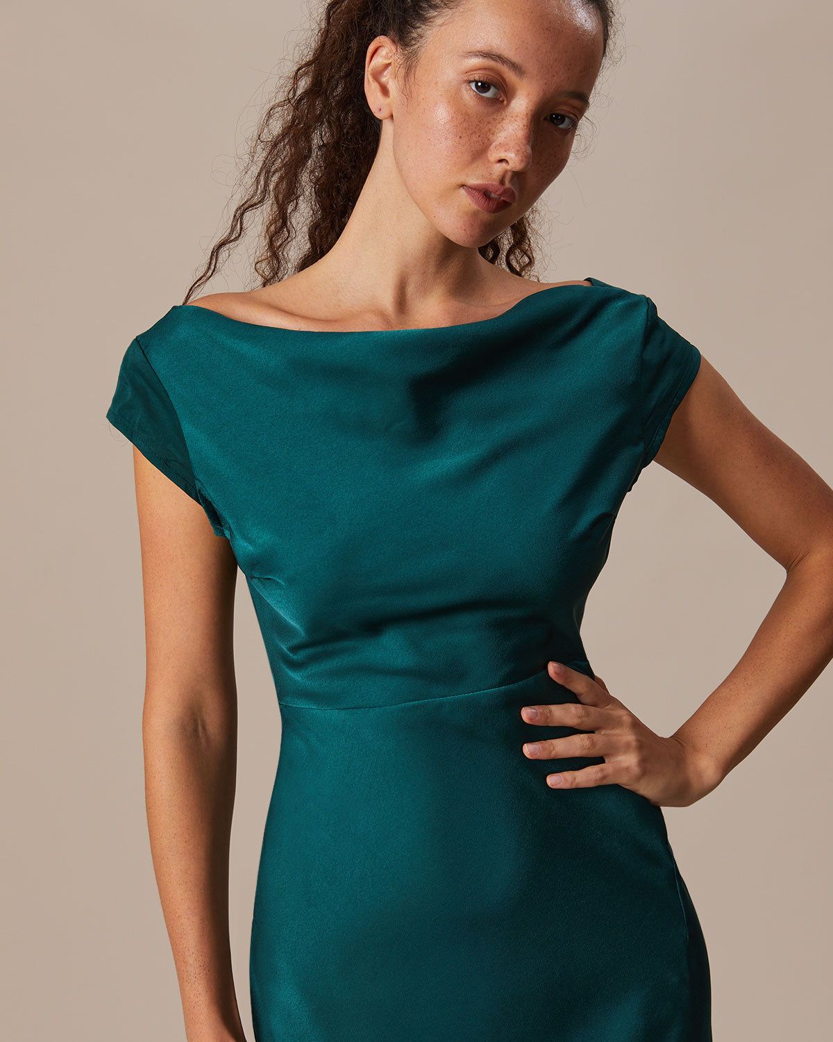 The Green Cowl Neck Cap Sleeve Satin Midi Dress sold by rihoas product image thumbnail 4