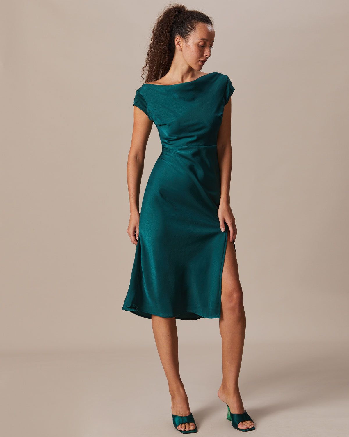 The Green Cowl Neck Cap Sleeve Satin Midi Dress sold by rihoas product image thumbnail 2