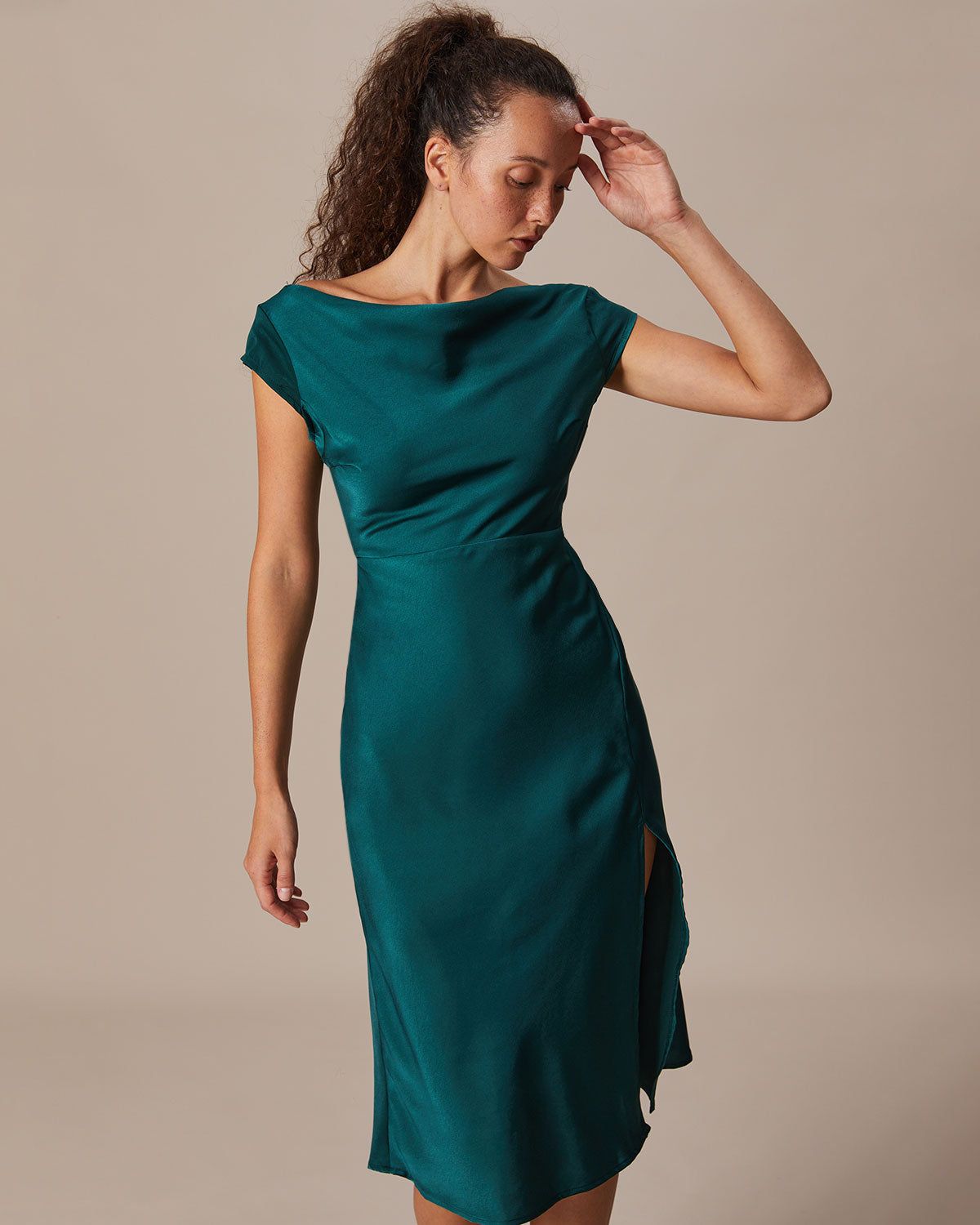 The Green Cowl Neck Cap Sleeve Satin Midi Dress sold by rihoas