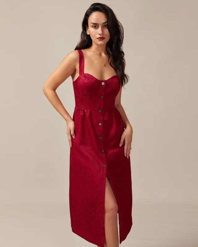 The Red Jacquard Button Front Sleeveless Midi Dress sold by rihoas