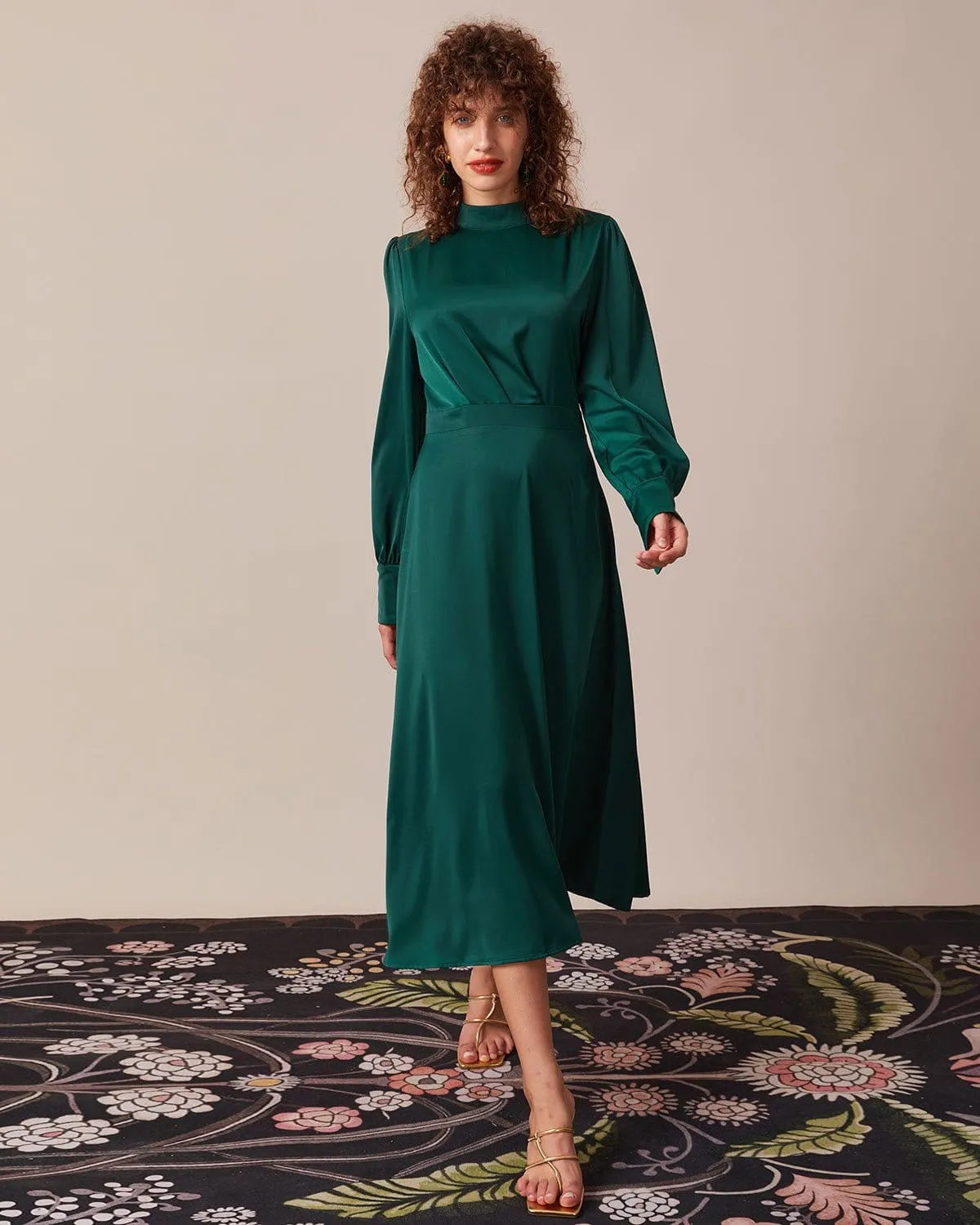The Green Stand Collar Pleated Satin Midi Dress sold by rihoas product image thumbnail 3