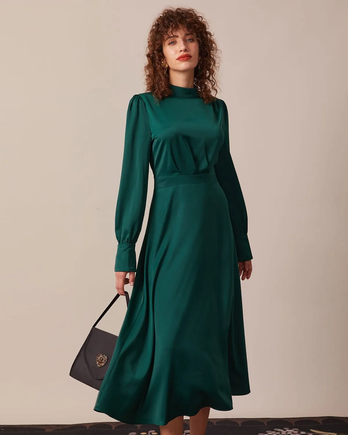 The Green Stand Collar Pleated Satin Midi Dress sold by rihoas