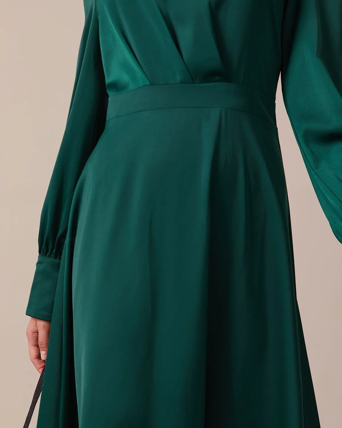 The Green Stand Collar Pleated Satin Midi Dress sold by rihoas product image thumbnail 5