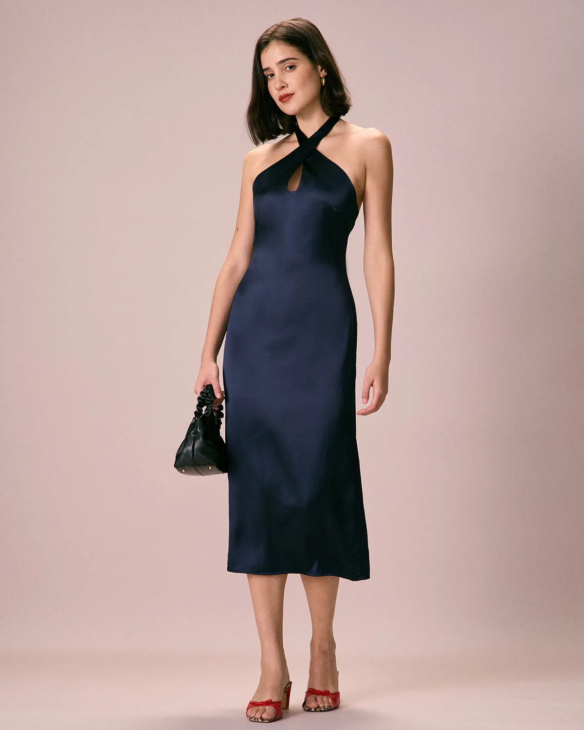 The Navy Cut-Out Satin Halter Midi Dress sold by rihoas product image thumbnail 4