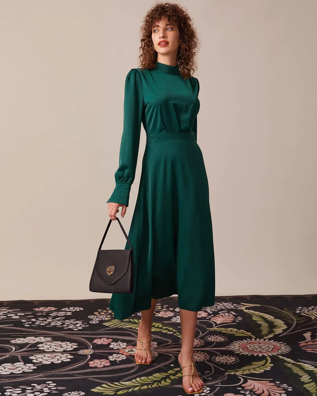 The Green Stand Collar Pleated Satin Midi Dress sold by rihoas product image thumbnail 2