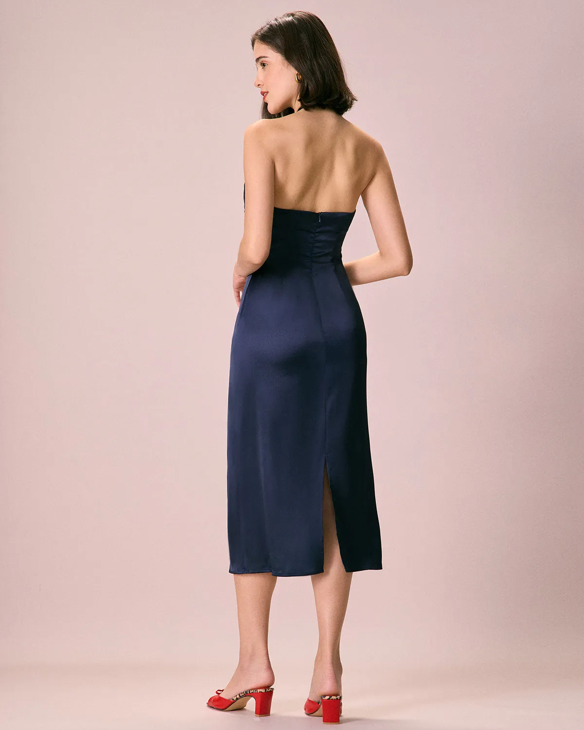 The Navy Cut-Out Satin Halter Midi Dress sold by rihoas product image thumbnail 5