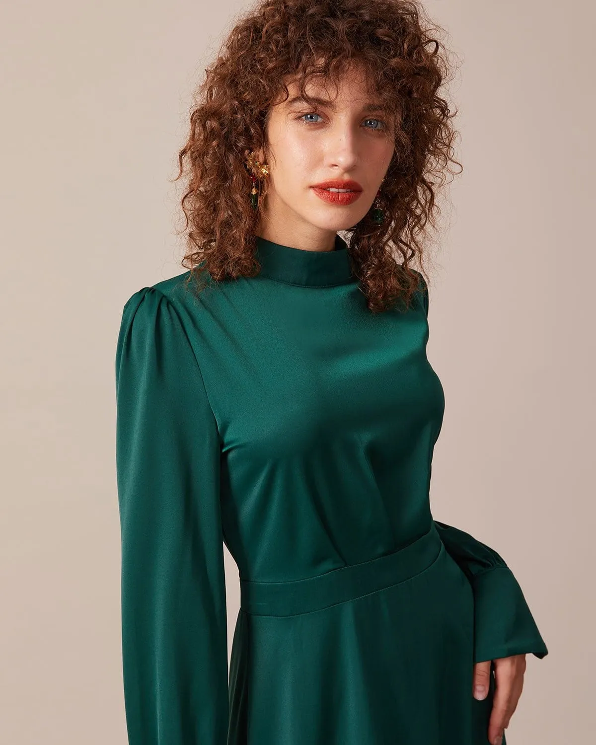 The Green Stand Collar Pleated Satin Midi Dress sold by rihoas product image thumbnail 4