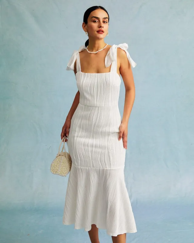 The White Water Ripple Textured Tie Shoulder Midi Dress sold by rihoas