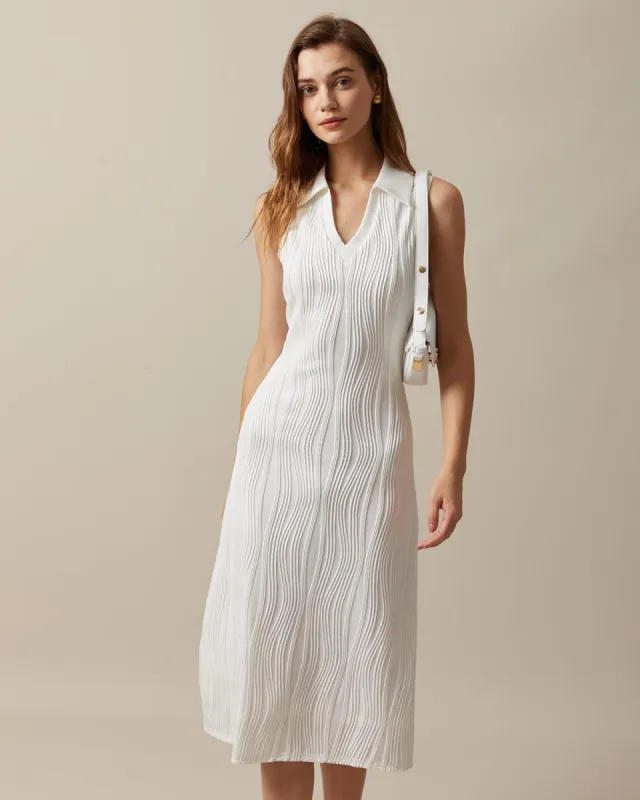 The White V Neck Water Ripple Textured Tank Midi Dress sold by rihoas