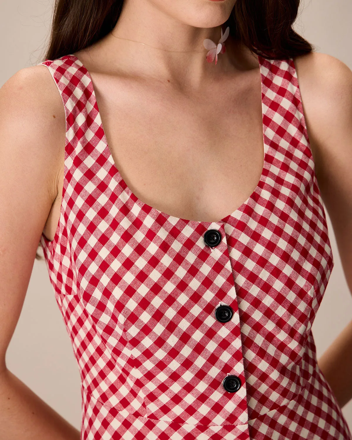 Women's Red U-Neck Plaid Midi Dress sold by rihoas product image thumbnail 2