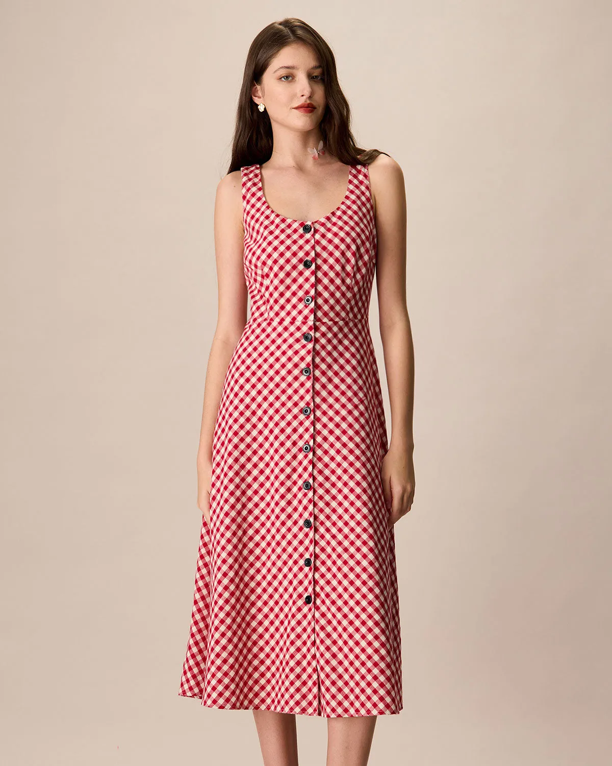 Women's Red U-Neck Plaid Midi Dress sold by rihoas