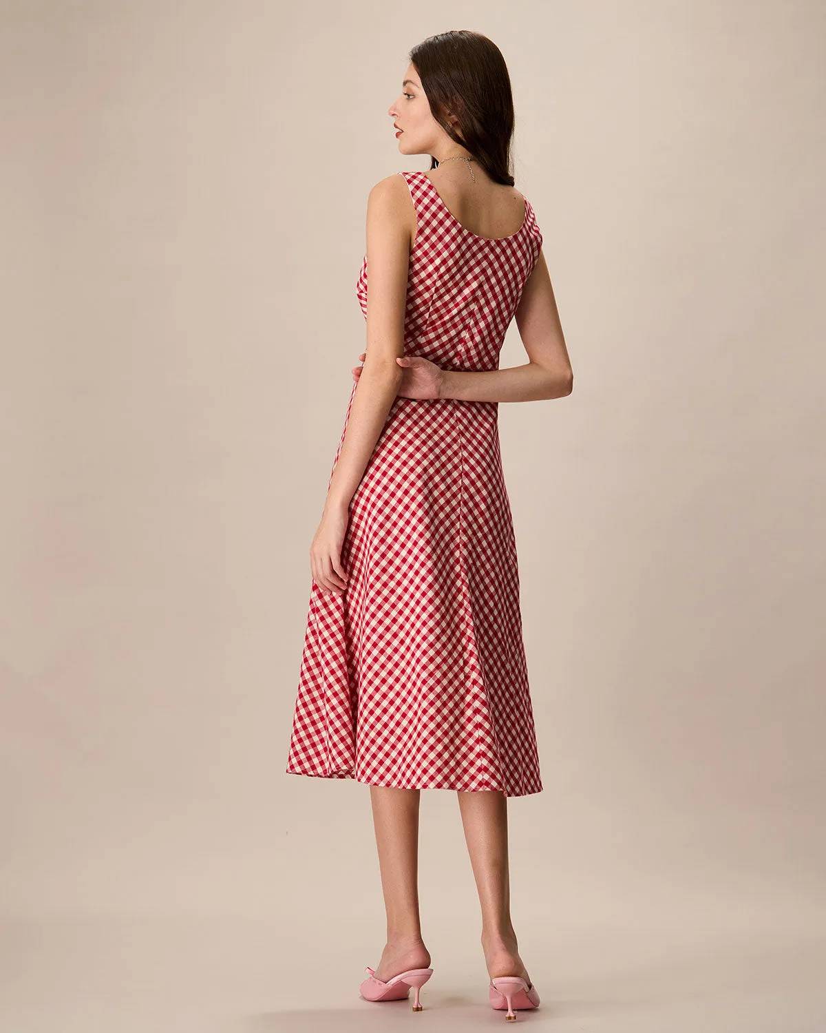 Women's Red U-Neck Plaid Midi Dress sold by rihoas product image thumbnail 4