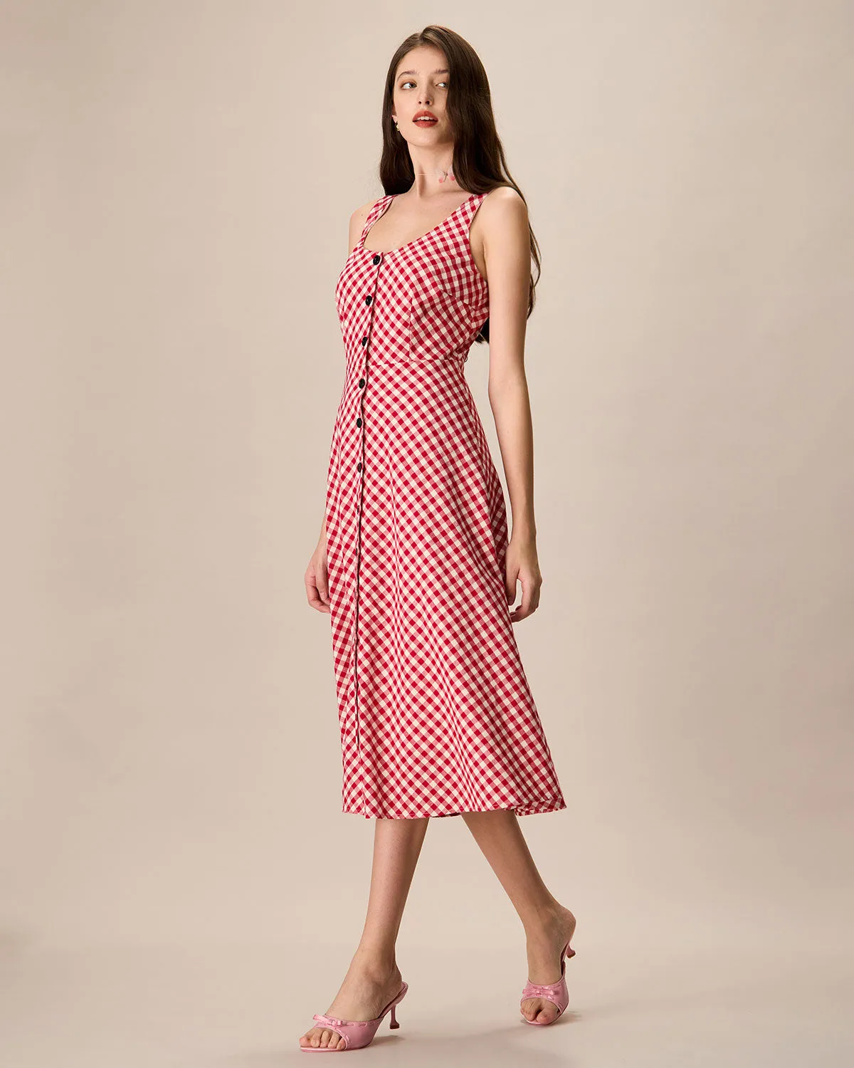 Women's Red U-Neck Plaid Midi Dress sold by rihoas product image thumbnail 3