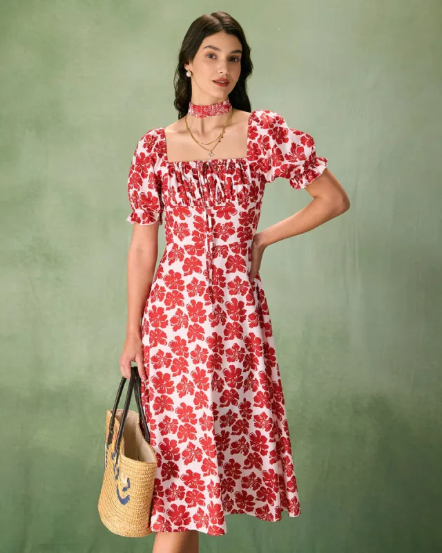 The Red Square Neck Floral Ruched Midi Dress sold by rihoas