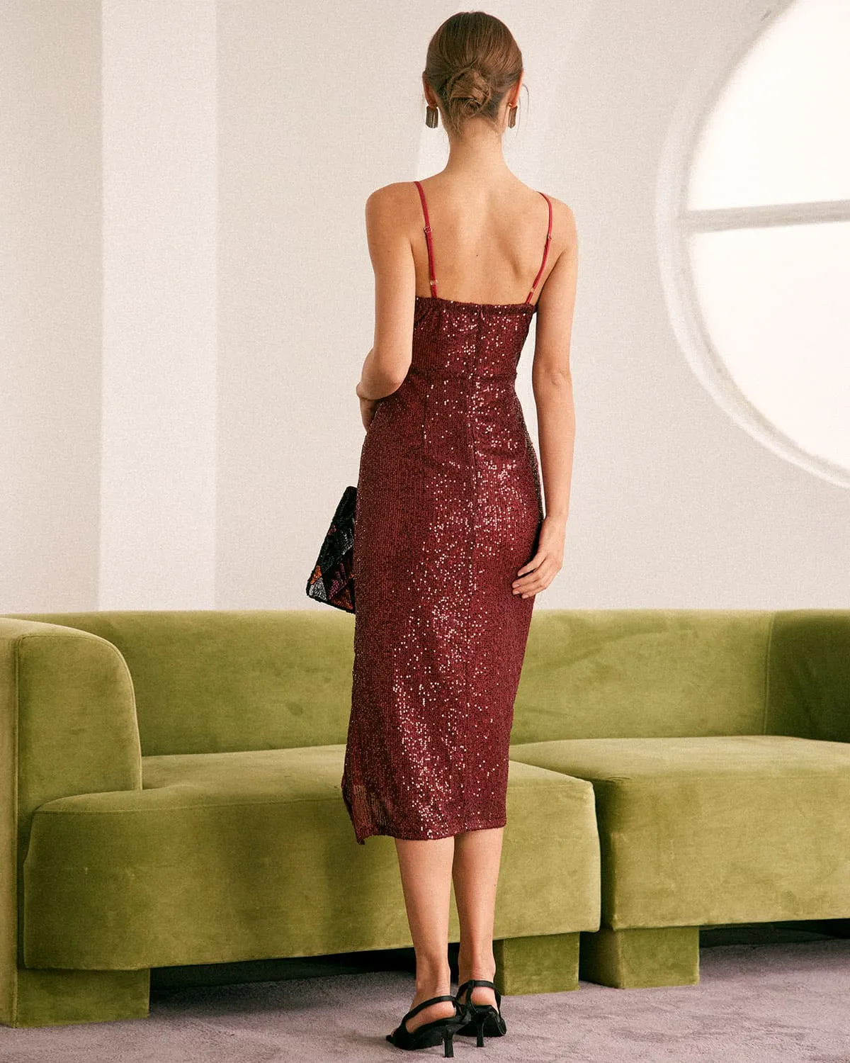 The Red V Neck Suspender Sequin Midi Dress sold by rihoas product image thumbnail 5