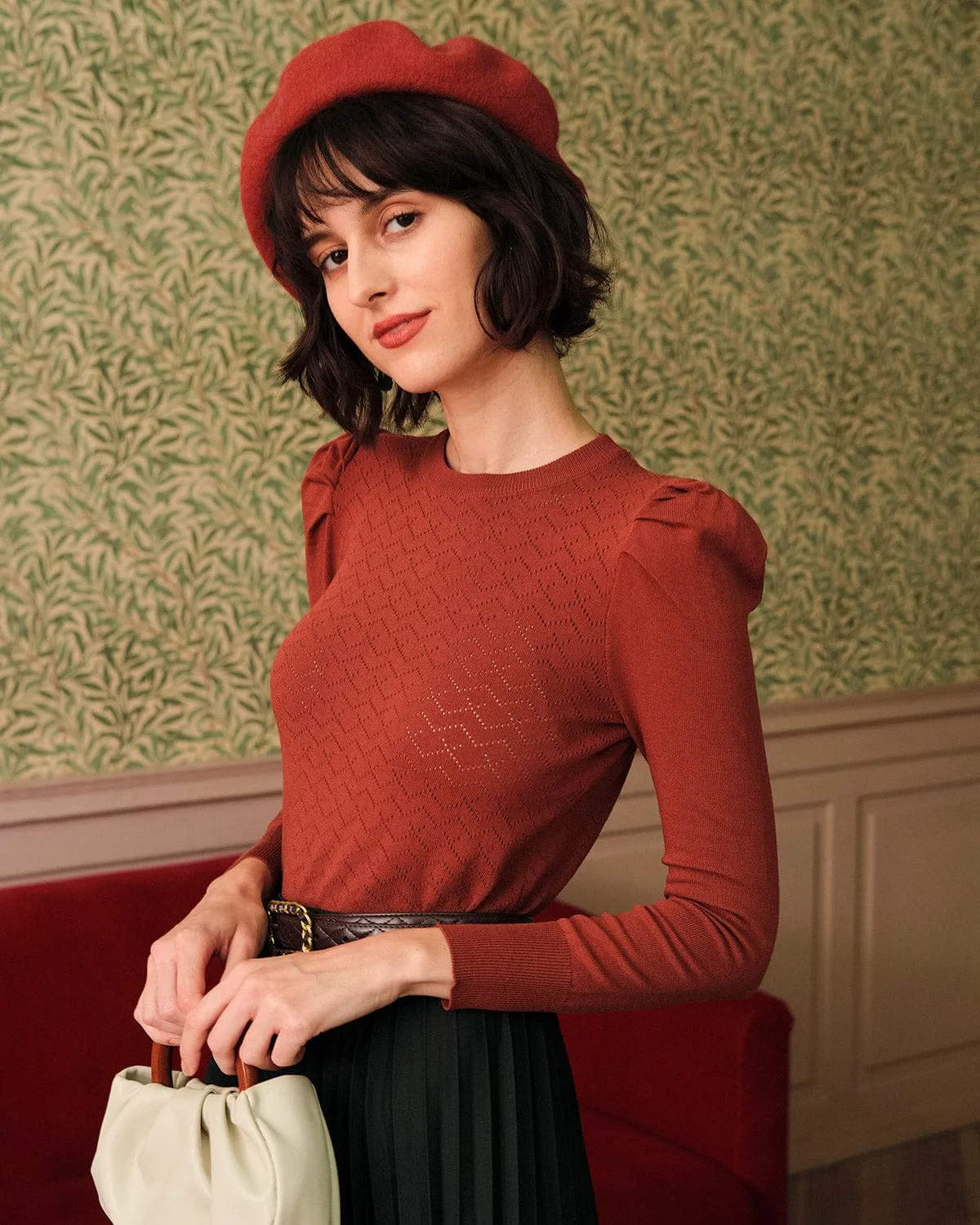 The Solid Puff Sleeve Slim-fitting Knit Top sold by rihoas