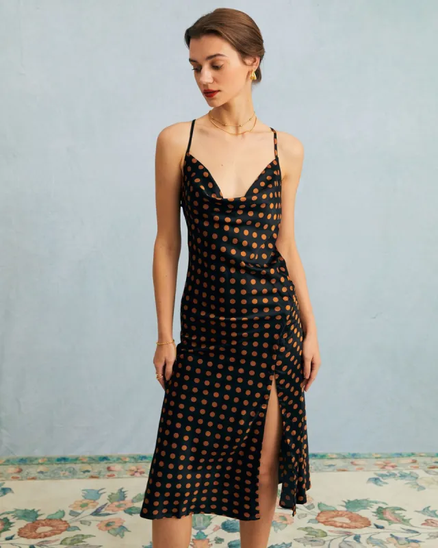 The Black Cowl Neck Polka Dot Backless Midi Dress sold by rihoas