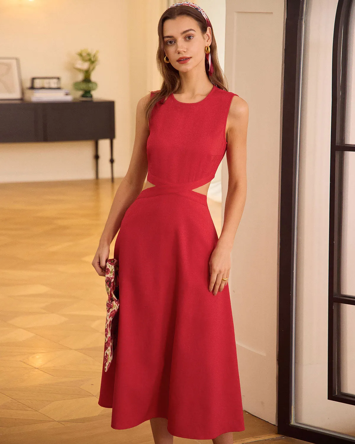 The Red Round Neck Cut-Out Midi Dress sold by rihoas product image thumbnail 3