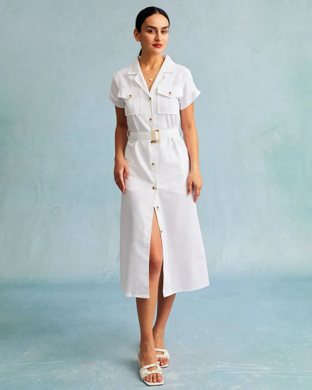 The White V Neck Button Belted Shirt Midi Dress sold by rihoas