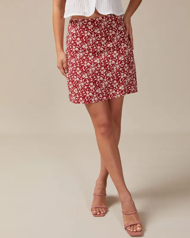 The Red High Waisted Floral Zipper Mini Skirt sold by rihoas