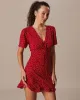 The Red V Neck Polka Dot Flounce Mini Dress sold by rihoas
