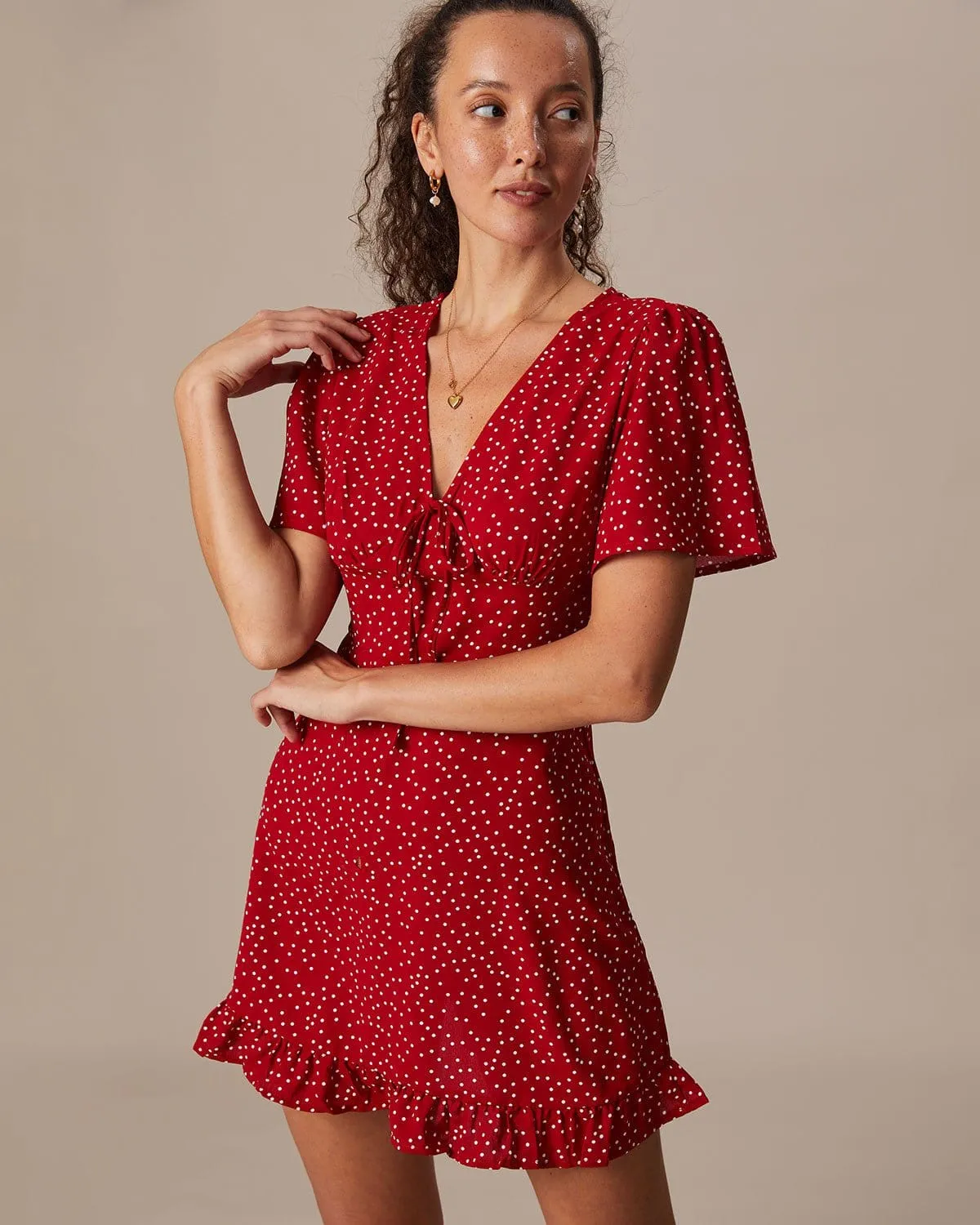 The Red V Neck Polka Dot Flounce Mini Dress sold by rihoas product image thumbnail 4