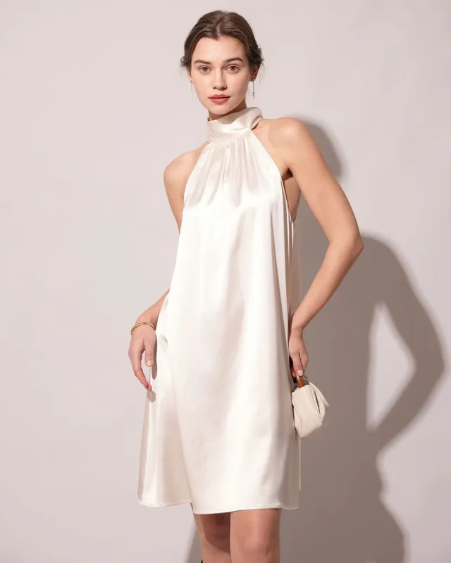 The Apricot Halter Satin A-line Mini Dress sold by rihoas