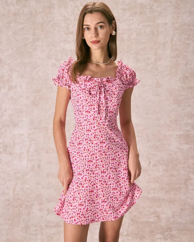 The Pink Square Neck Puff Sleeve Floral Mini Dress sold by rihoas