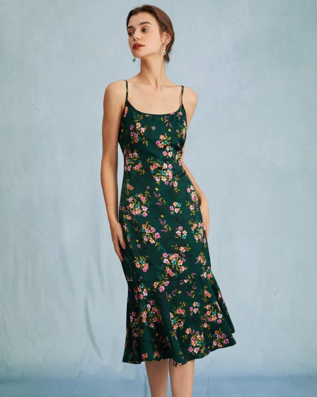 The Green Floral Flounce Mermaid Satin Midi Dress sold by rihoas
