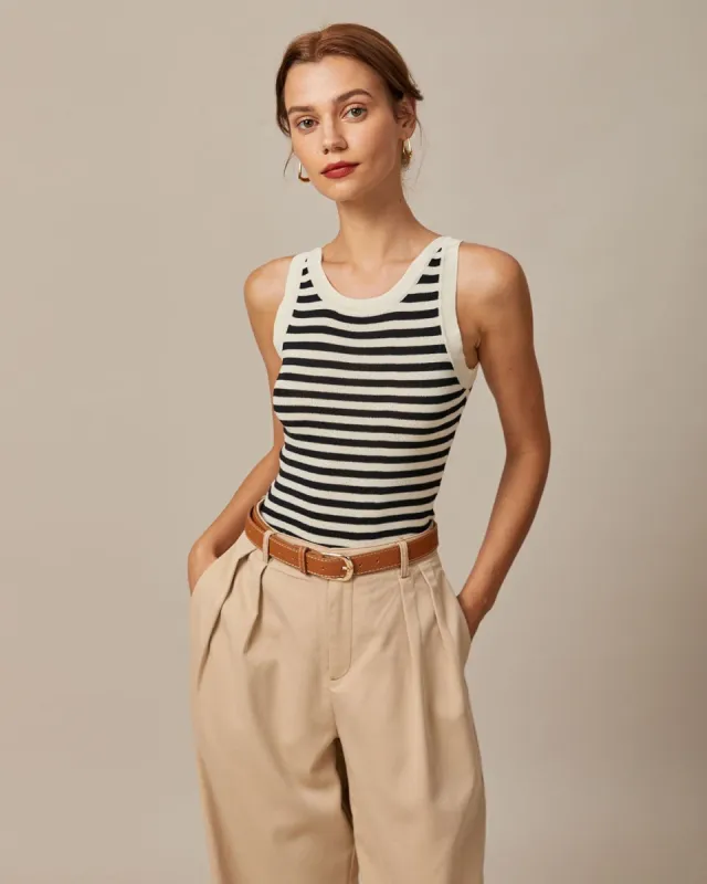 The Black Round Neck Striped Tank Top sold by rihoas
