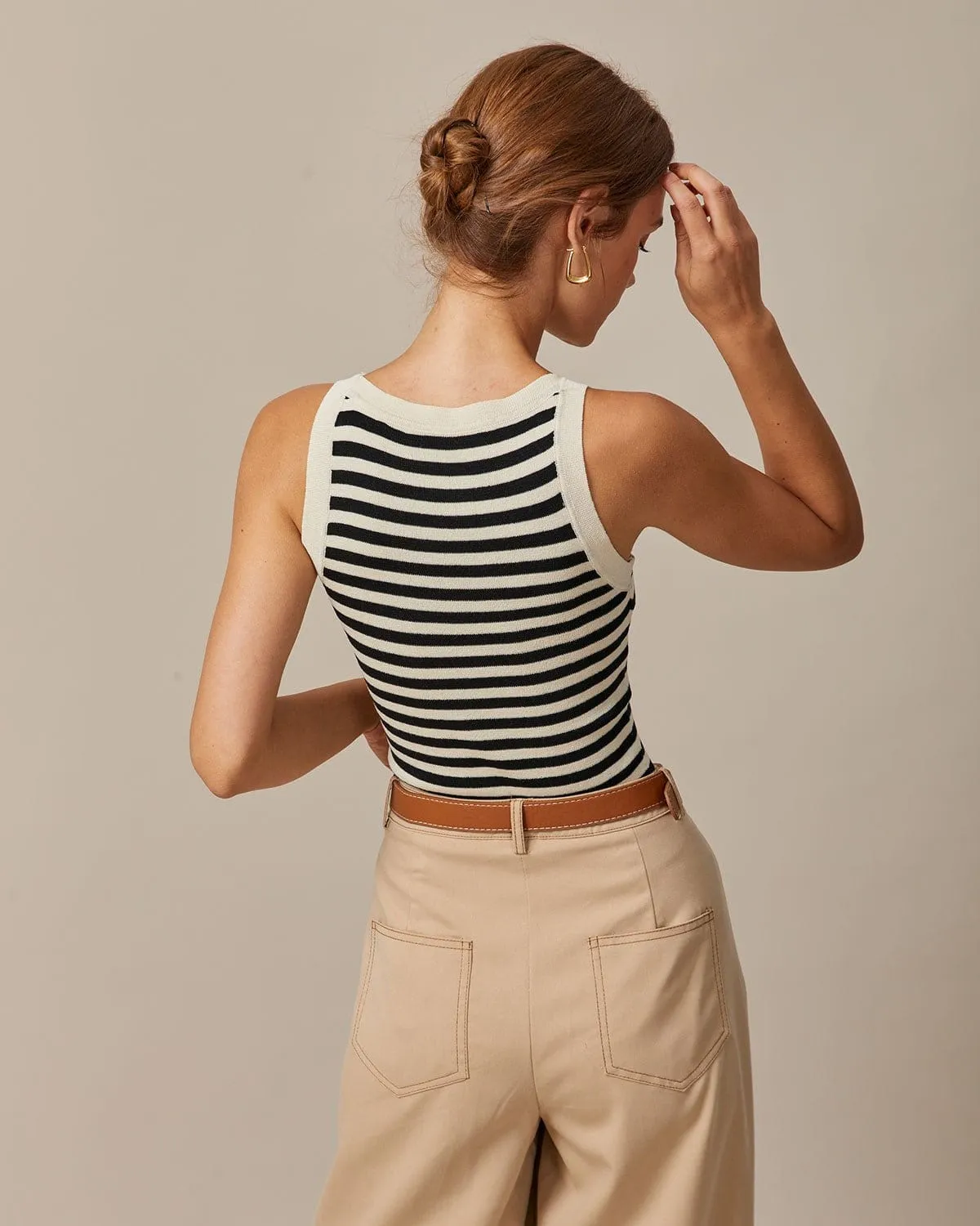 The Black Round Neck Striped Tank Top sold by rihoas product image thumbnail 5
