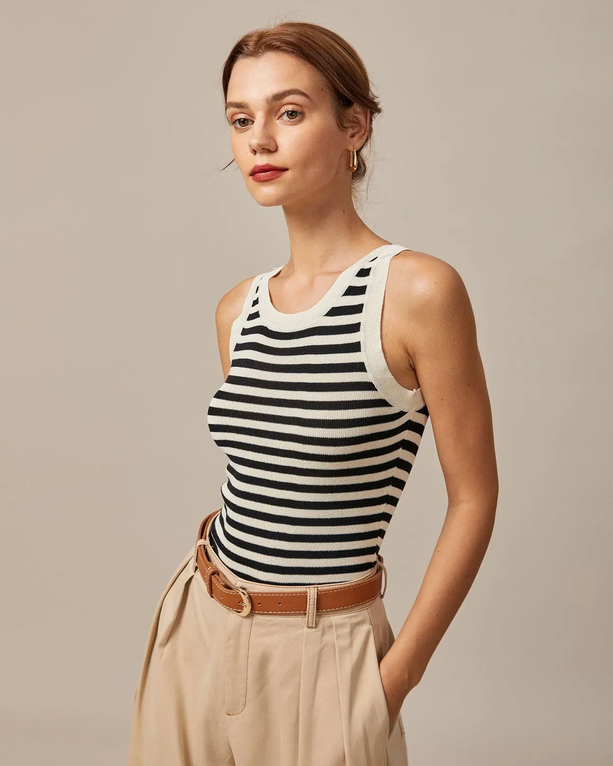 The Black Round Neck Striped Tank Top sold by rihoas product image thumbnail 3