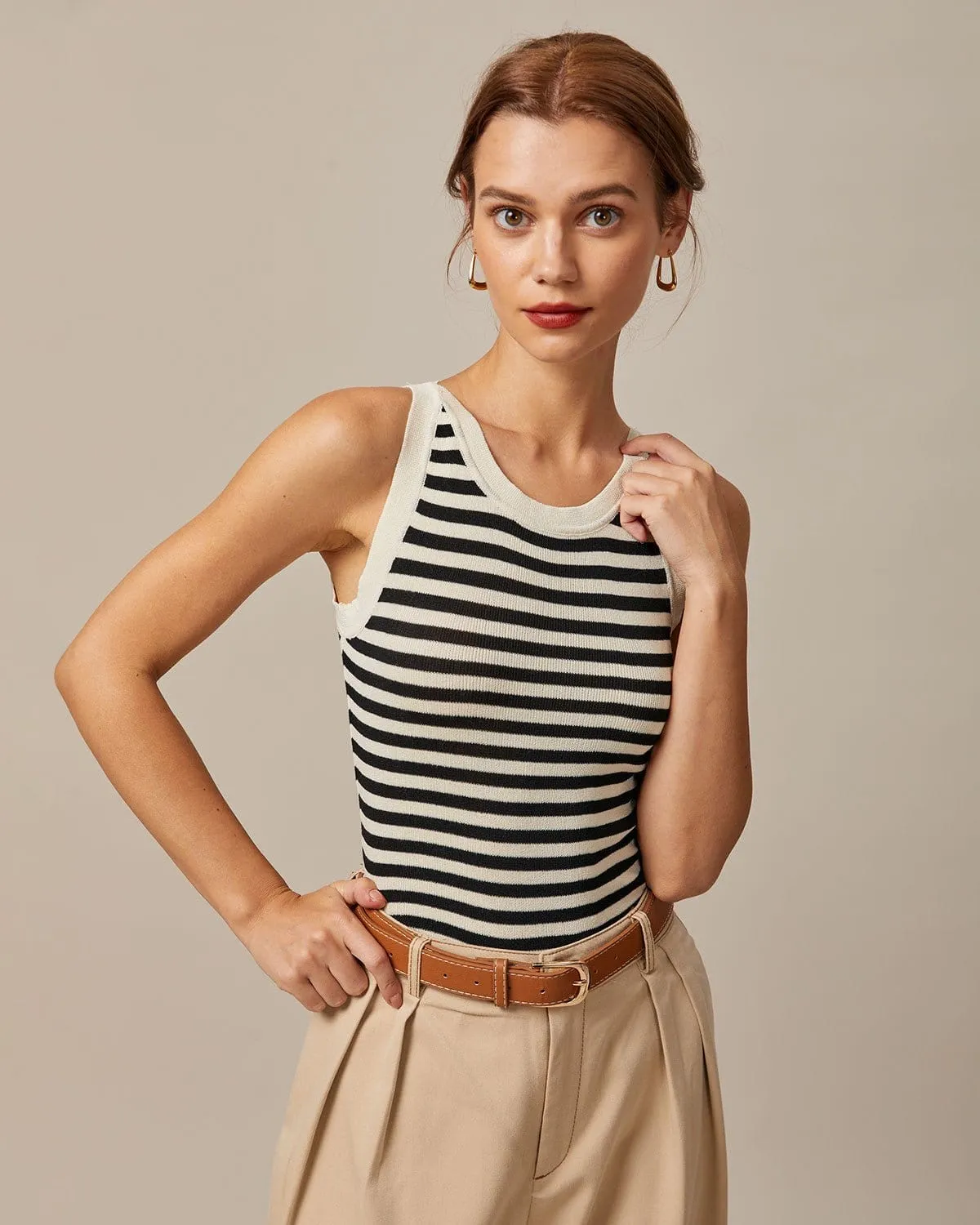 The Black Round Neck Striped Tank Top sold by rihoas product image thumbnail 4