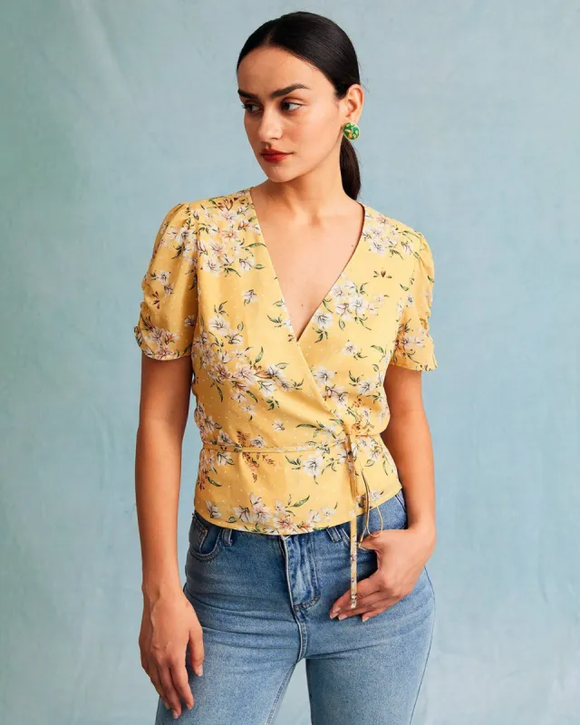 The Yellow V Neck Floral Tie Wrap Blouse sold by rihoas