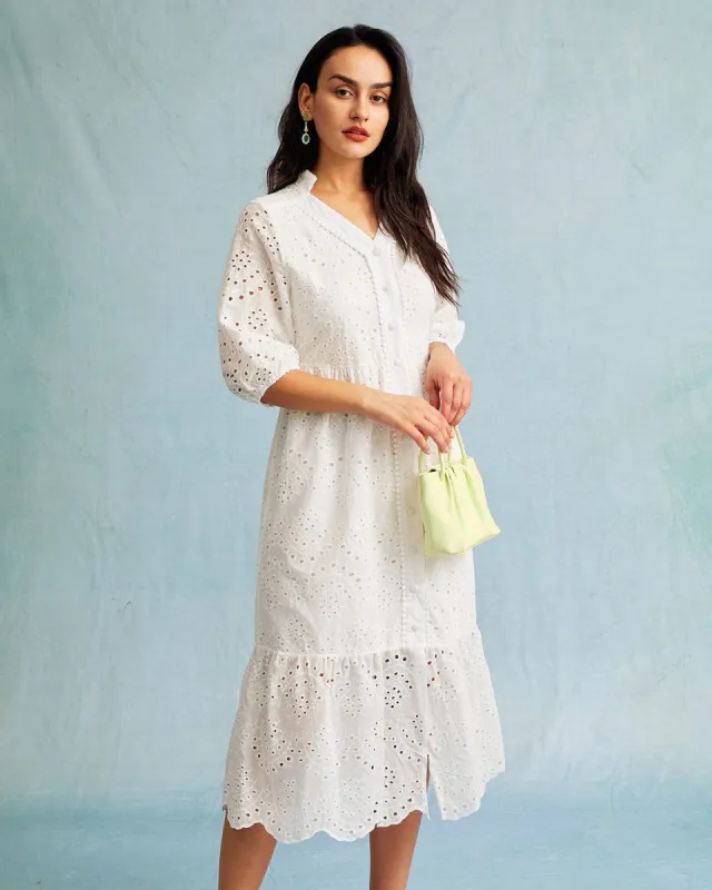 The White V Neck Embroidered Cutout Midi Dress sold by rihoas