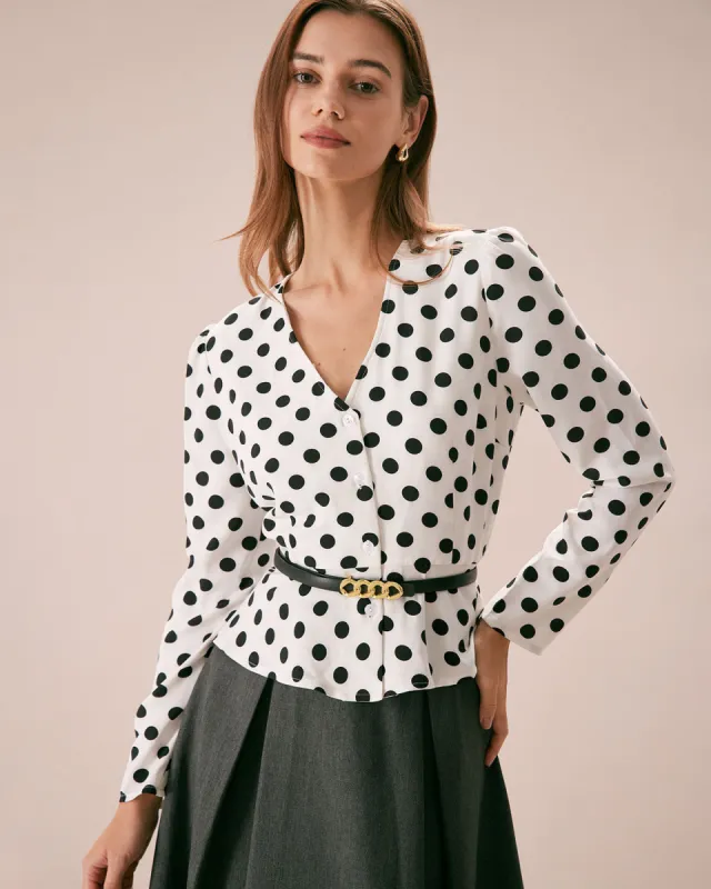 The White V Neck Button Polka Dot Blouse sold by rihoas