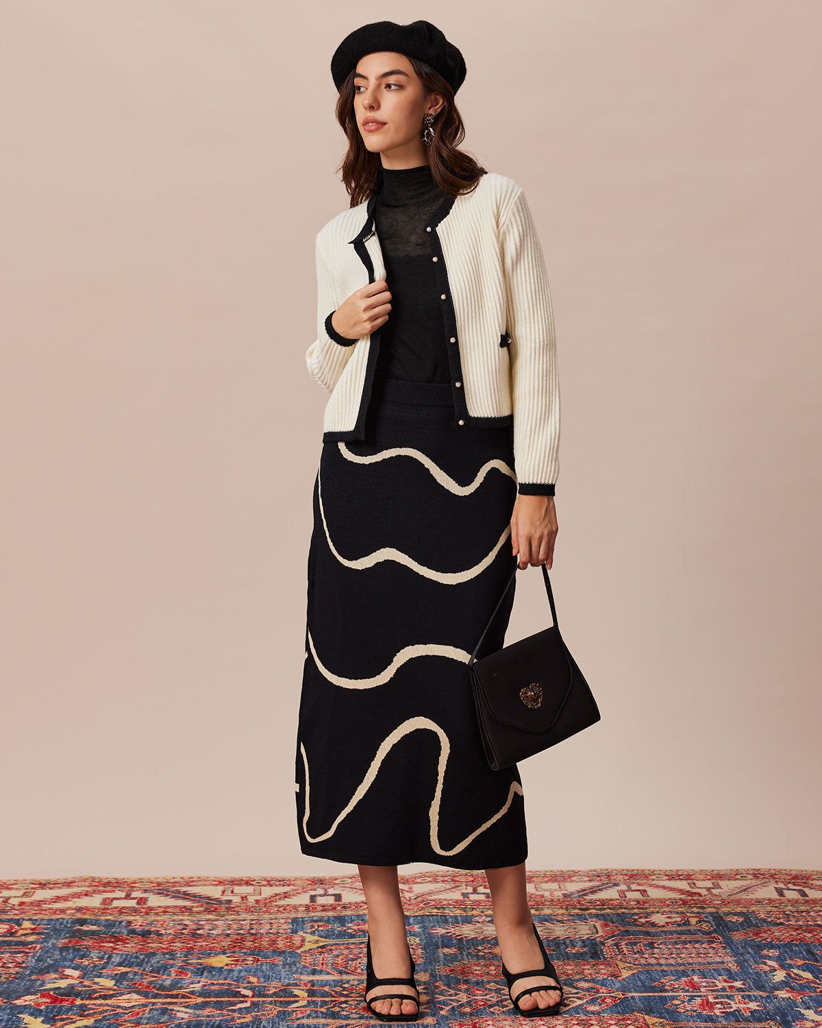 The Beige Round Neck Contrast Trim Cardigan sold by rihoas product image thumbnail 5