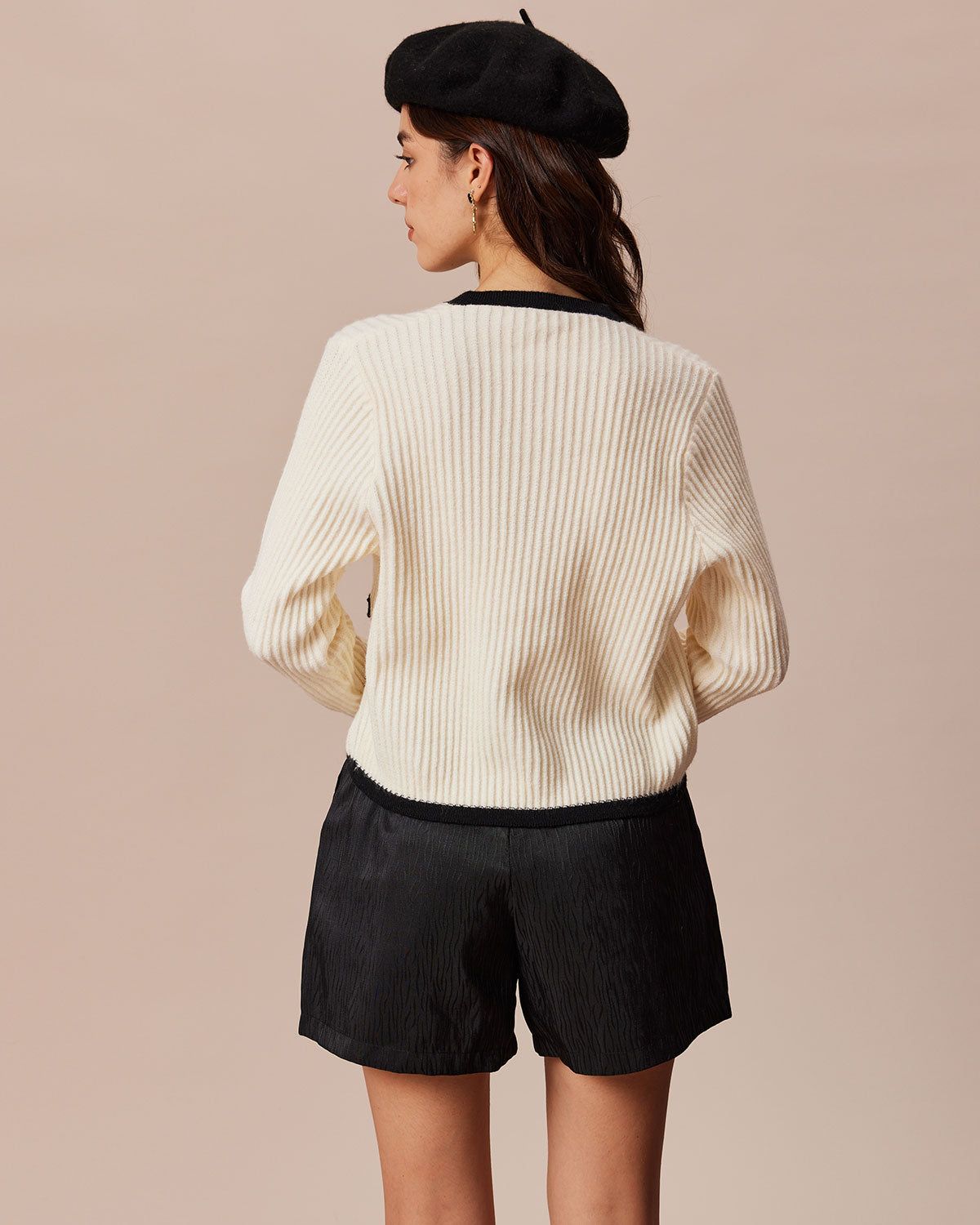 The Beige Round Neck Contrast Trim Cardigan sold by rihoas product image thumbnail 4