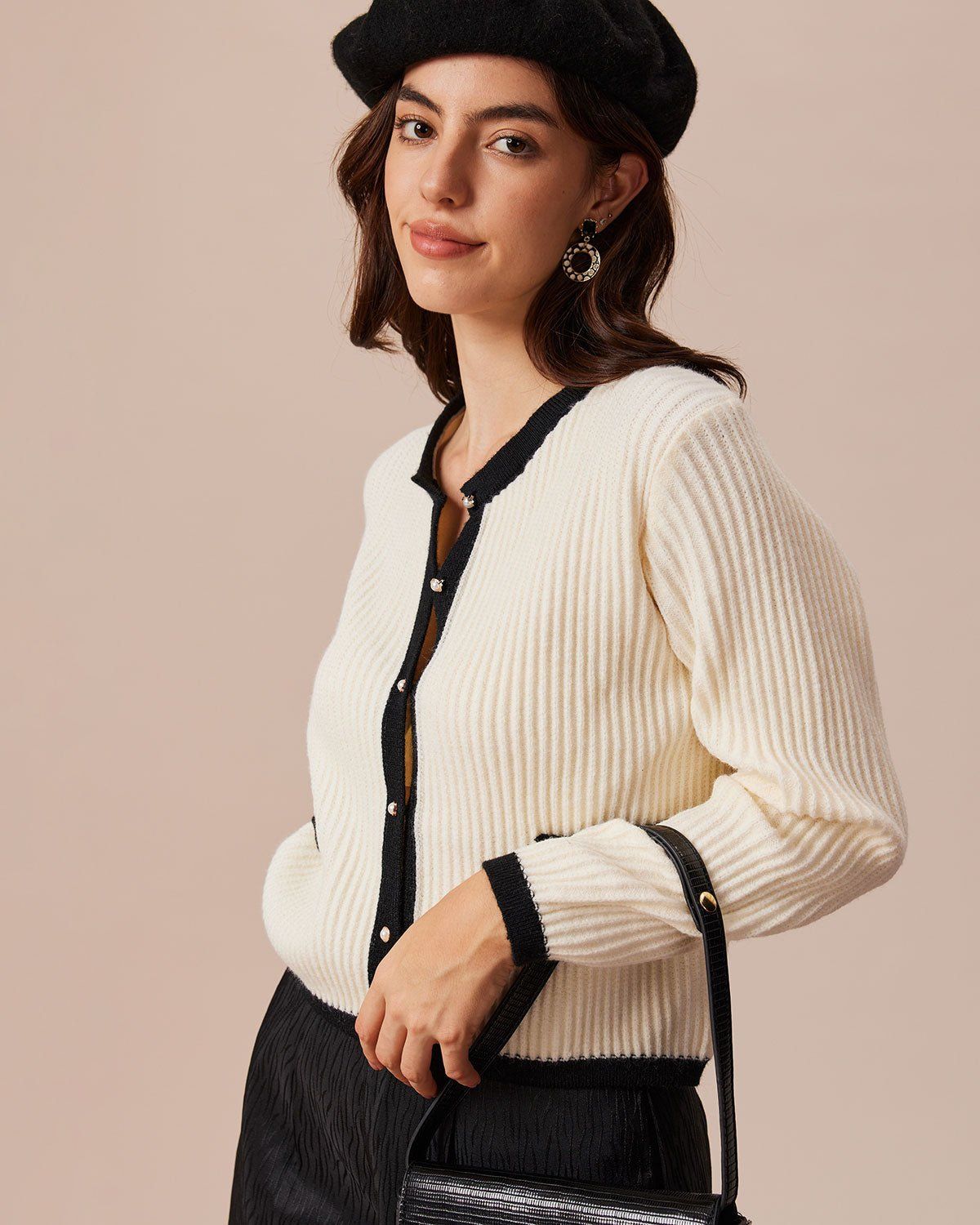 The Beige Round Neck Contrast Trim Cardigan sold by rihoas product image thumbnail 3