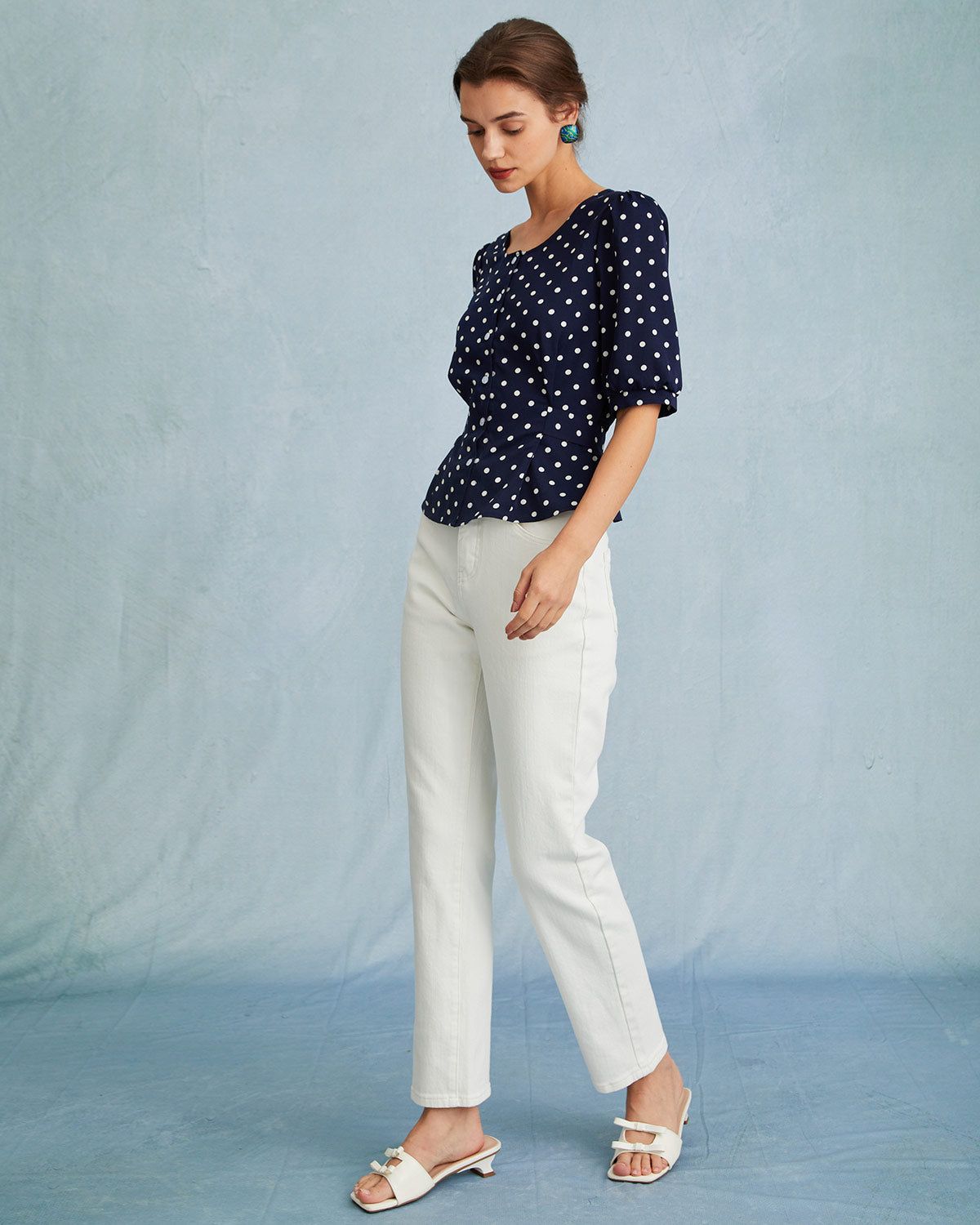 The Navy Puff Sleeve Polka Dot Tie Back Blouse sold by rihoas product image thumbnail 5
