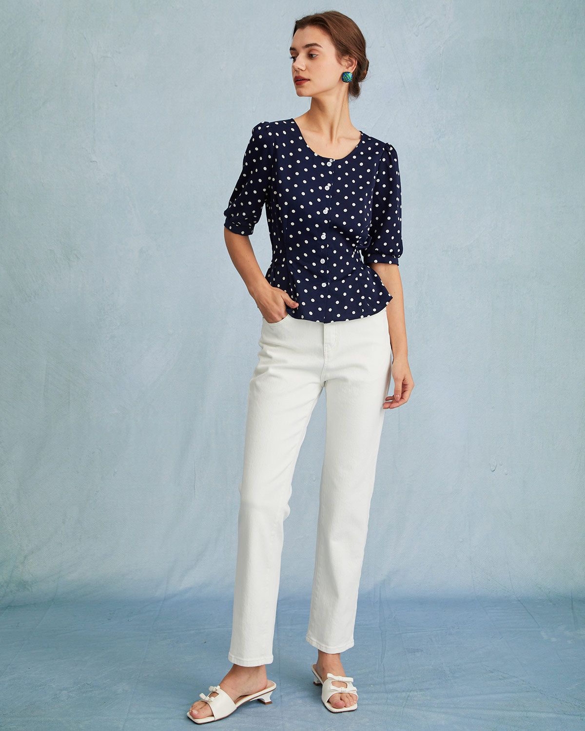 The Navy Puff Sleeve Polka Dot Tie Back Blouse sold by rihoas product image thumbnail 3