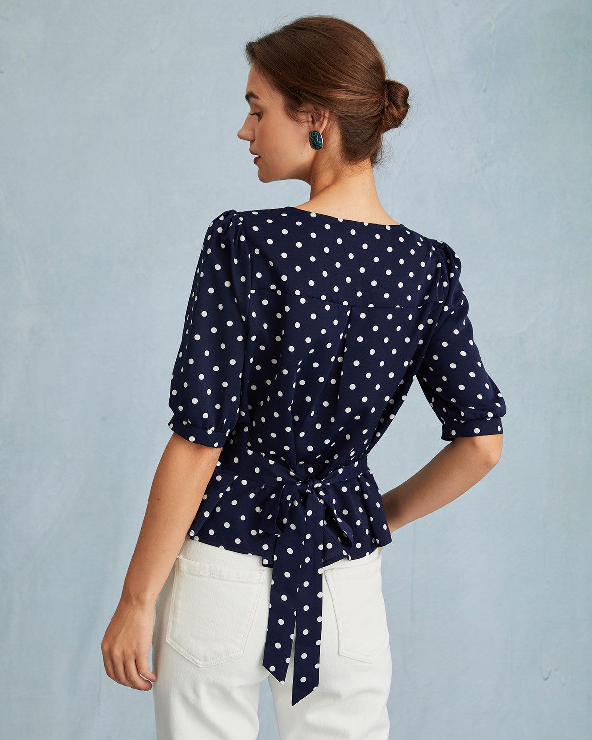 The Navy Puff Sleeve Polka Dot Tie Back Blouse sold by rihoas product image thumbnail 6