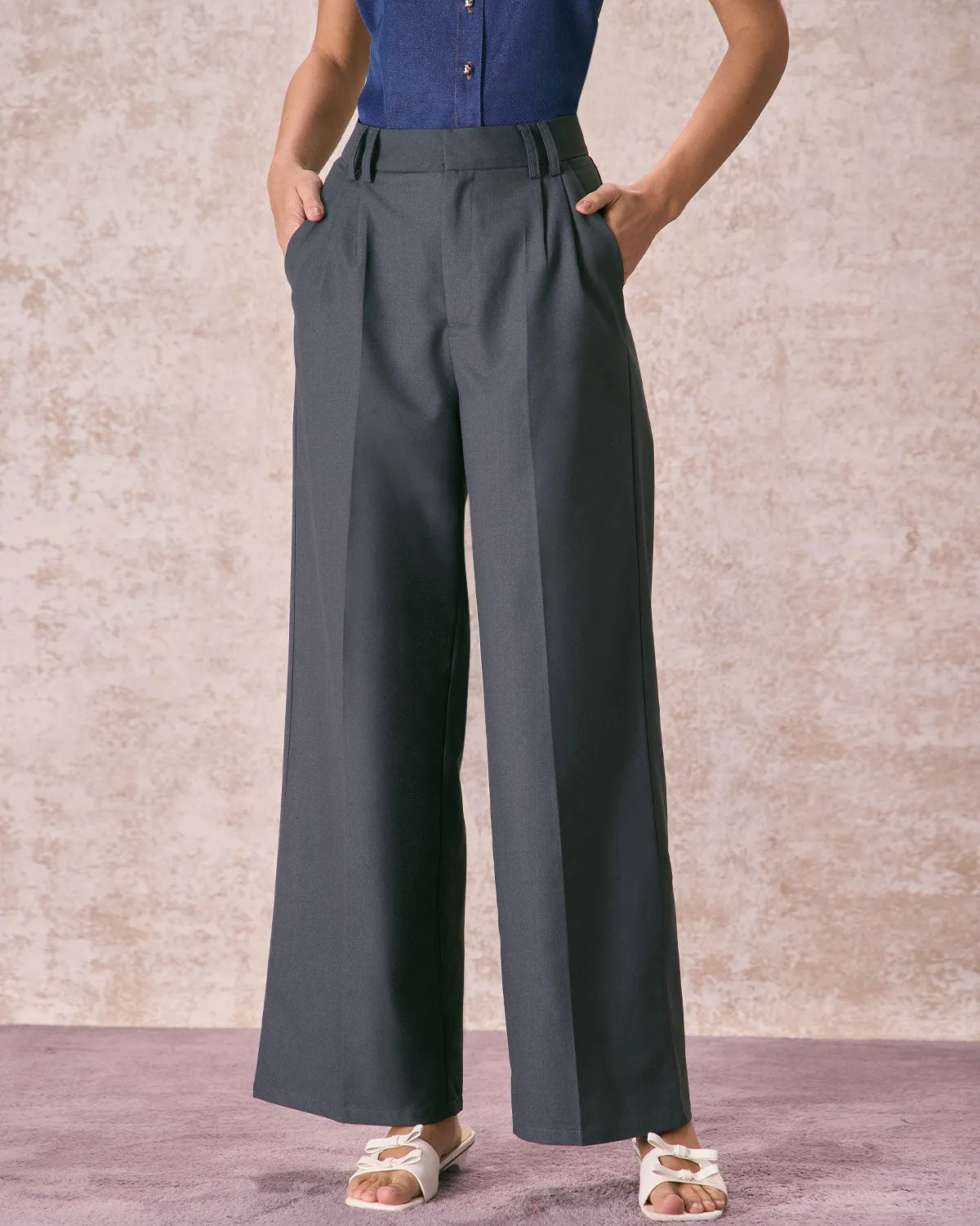 The Grey High Waisted Pleated Straight Pants sold by rihoas product image thumbnail 5