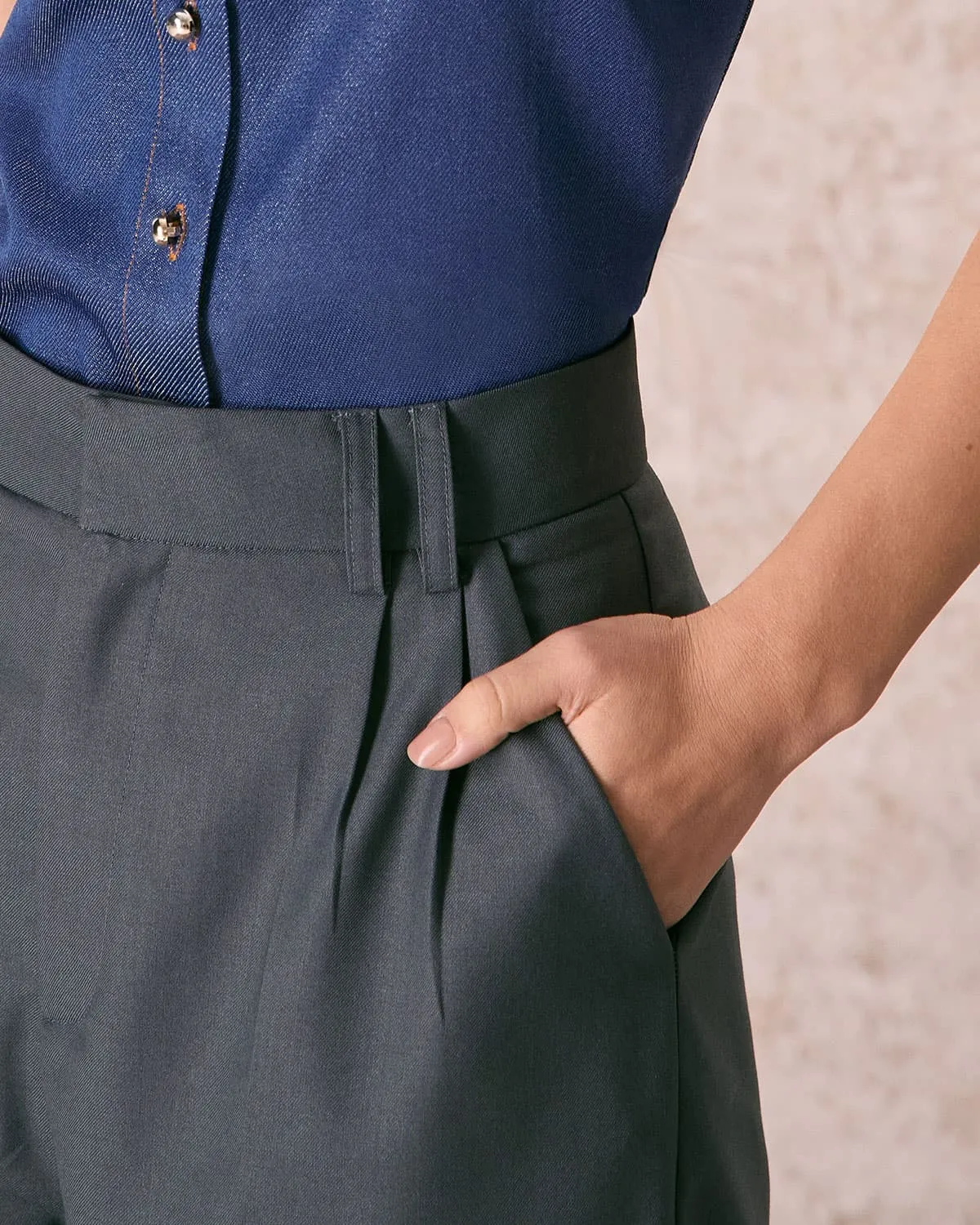 The Grey High Waisted Pleated Straight Pants sold by rihoas product image thumbnail 4