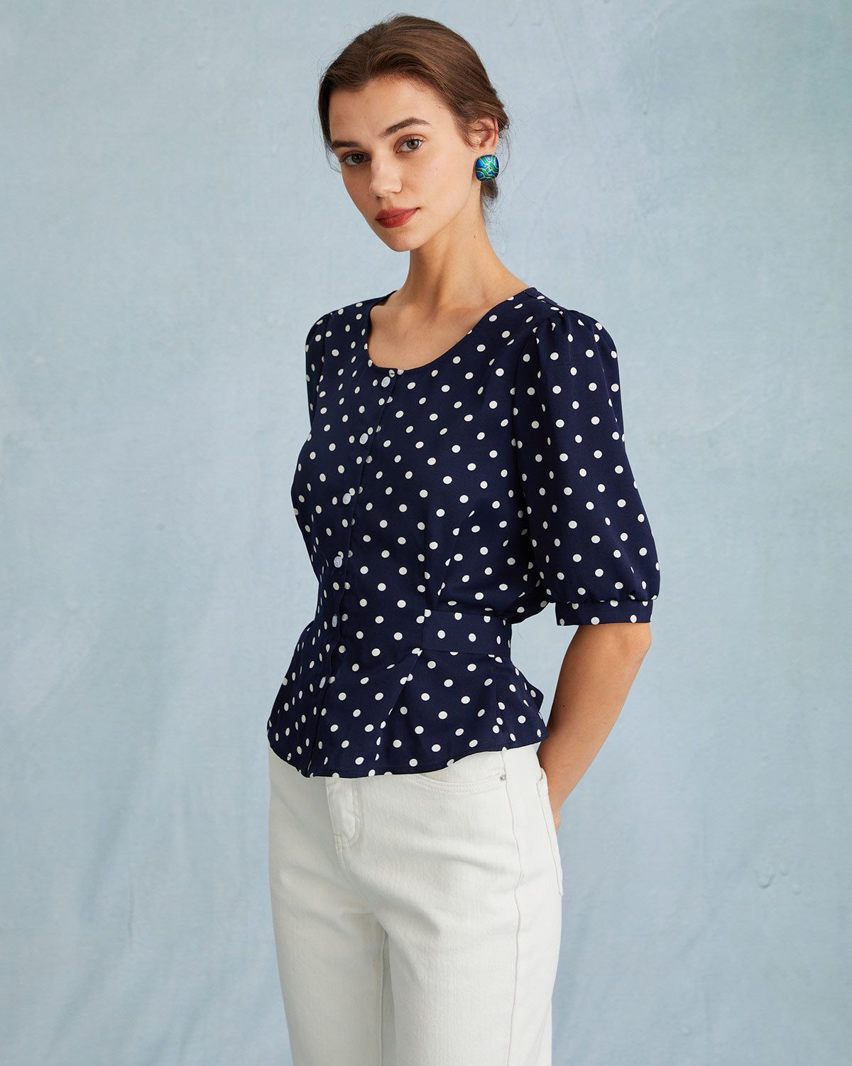 The Navy Puff Sleeve Polka Dot Tie Back Blouse sold by rihoas product image thumbnail 2