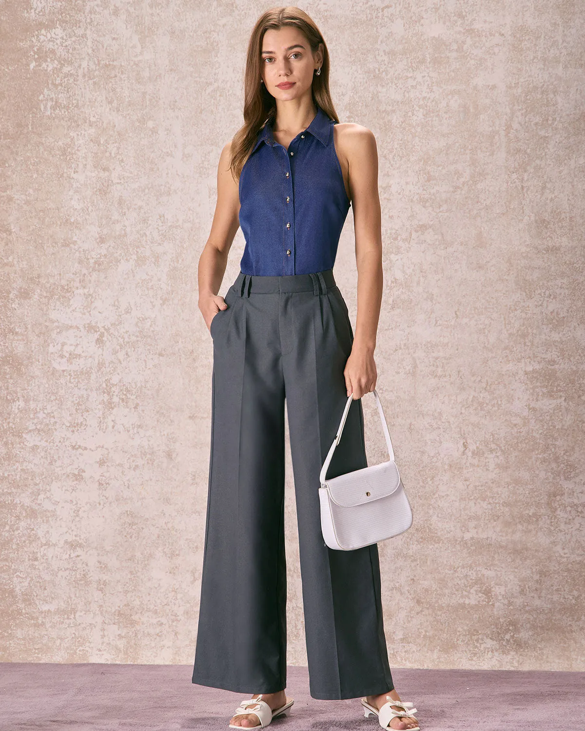 The Grey High Waisted Pleated Straight Pants sold by rihoas product image thumbnail 2