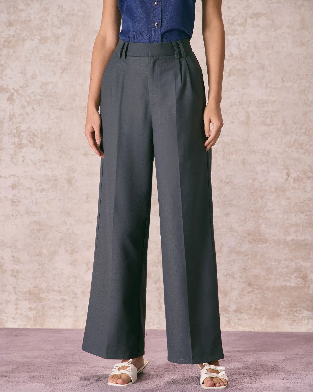 The Grey High Waisted Pleated Straight Pants sold by rihoas