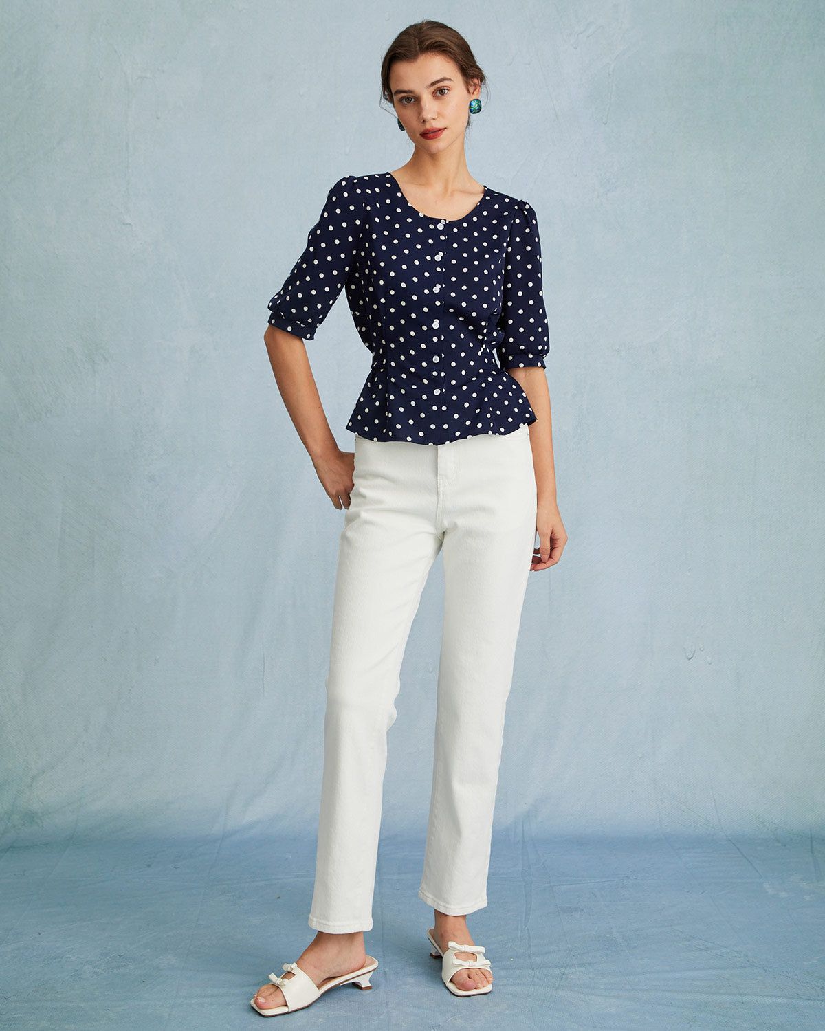 The Navy Puff Sleeve Polka Dot Tie Back Blouse sold by rihoas product image thumbnail 4